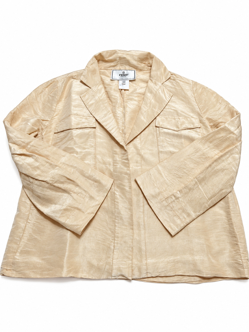 VTG Fendi 100% Silk Shimmer Blazer Jacket Beige Tan IT 42 US S/M Utility Safari